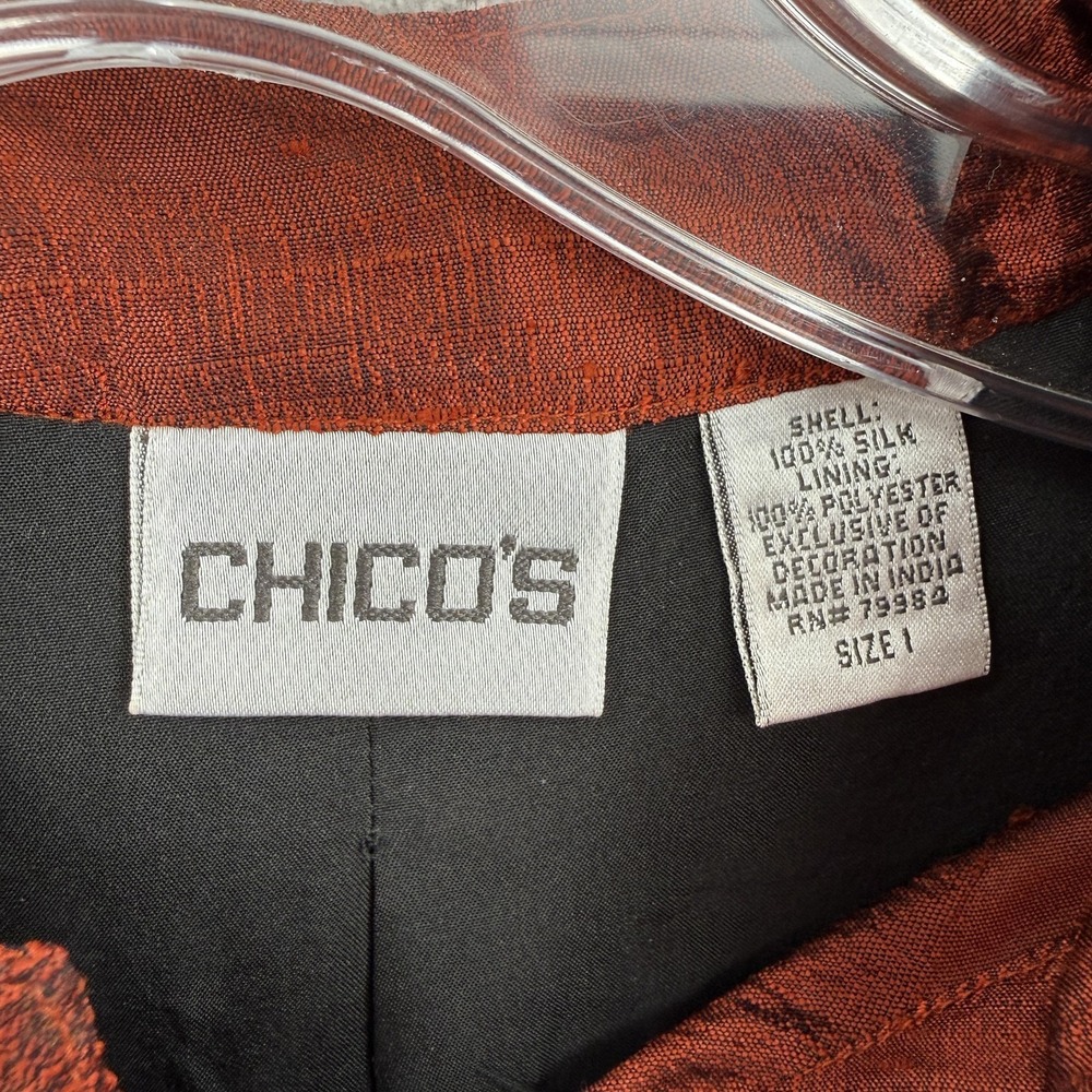 Chico's Jacket Womens M (1) Brown Embroidered Sequin Collared Lined Silk Paisley - Picture 4 of 10